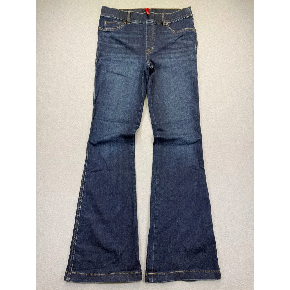 Spanx Womens Flare Jeans Dark Wash Blue Pull On Stretch Denim Size Large L/G